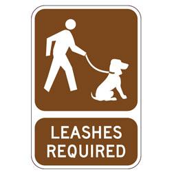 Sign with person and leashed dog, saying "Leashes Required"