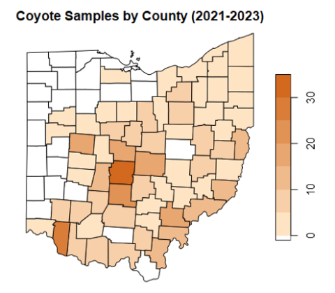 Map of Ohio counties, colored by number of coyote samples