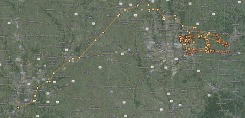 GPS points for a young male coyote captured near Gahanna, OH, with lines connecting the points to give a trajectory. This animal has traveled southwest all the way past Dayton, OH, toward Cincinnati.